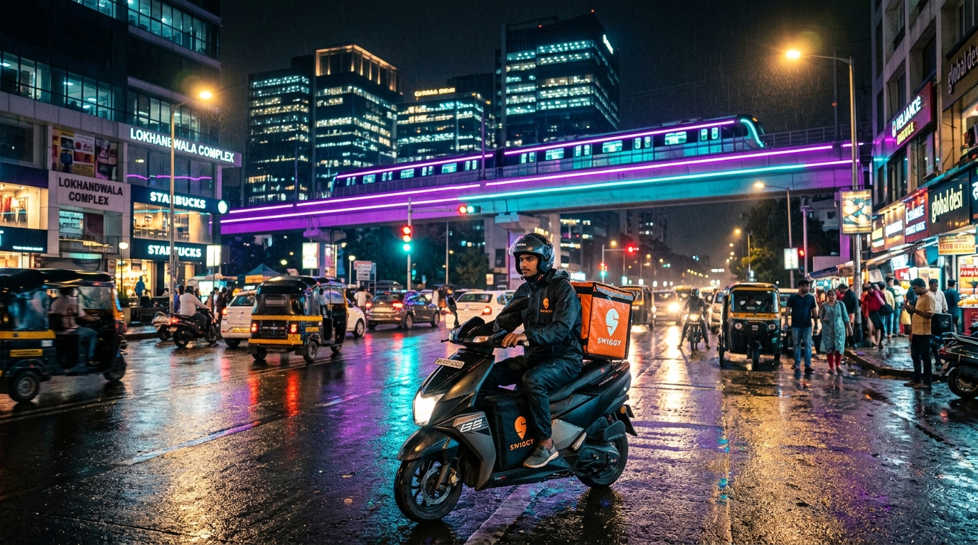 Andheri Mumbai metro illuminated night street vape delivery rider
