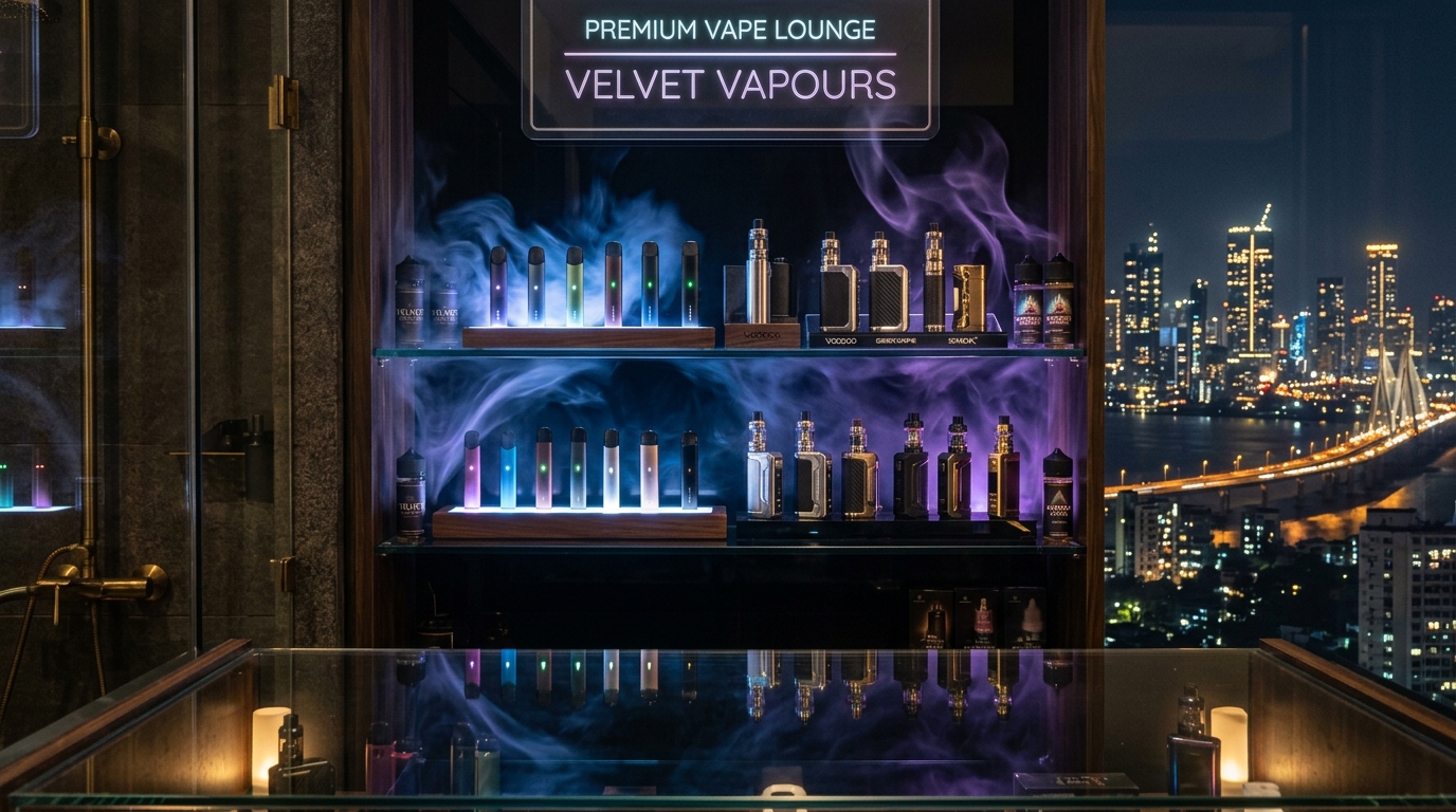 Vape shop Mumbai lounge display overlooking Bandra Worli Sea Link night skyline